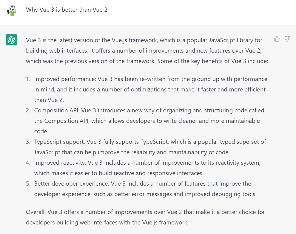 ตัวอย่างการใช้ ChatGPT ถามว่าทำไม Vue 3 ถึงดีกว่า Vue 2 แต่เนื้อหานี้เราสามารถหาตาม Google ทั่วไปเพื่ออ่านได้