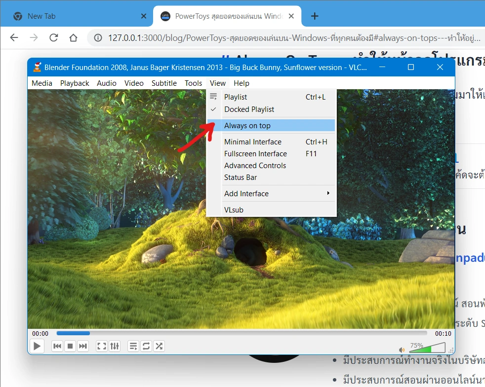 รูปตัวอย่างการใช้ Always on top ของบางโปรแกรม อย่าง VLC ที่สามารถดูวิดีโอโดยที่อยู่บนสุด ทำให้วิดีโอไม่ถูกซ่อนไปข้างหลังโปรแกรมอื่นได้ แต่บางโปรแกรมก็ไม่ได้มีระบบนี้จึงต้องใช้ PowerToys ช่วยในส่วนนี้