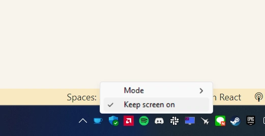 รูปตัวอย่างการตั้งค่าให้ระบบ Awake ผ่าน Taskbar ได้ตลอดเวลา