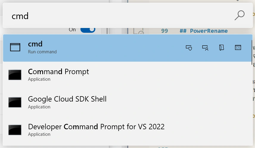 ตัวอย่างการใช้ cmd ค้นหาใน PowerToys Run ที่ก็พบกับ Command Prompt ได้เช่นกัน
