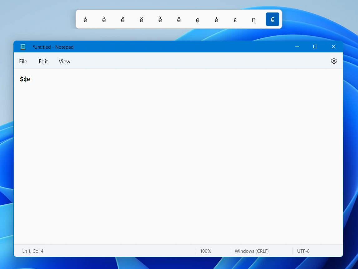รูปภาพตัวอย่างการใช้ Quick Accent สำหรับตัวอักษร E
