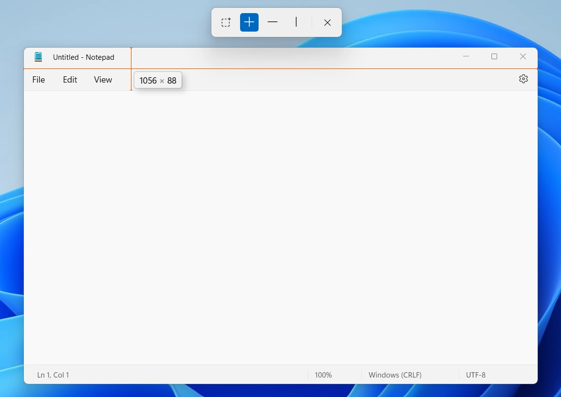 รูปภาพตัวอย่างการใช้ Screen Ruler เพื่อการวัดขนาดของโปรแกรม Notepad ว่ามีระยะห่างระหว่างขอบบนกับล่างเท่าใด