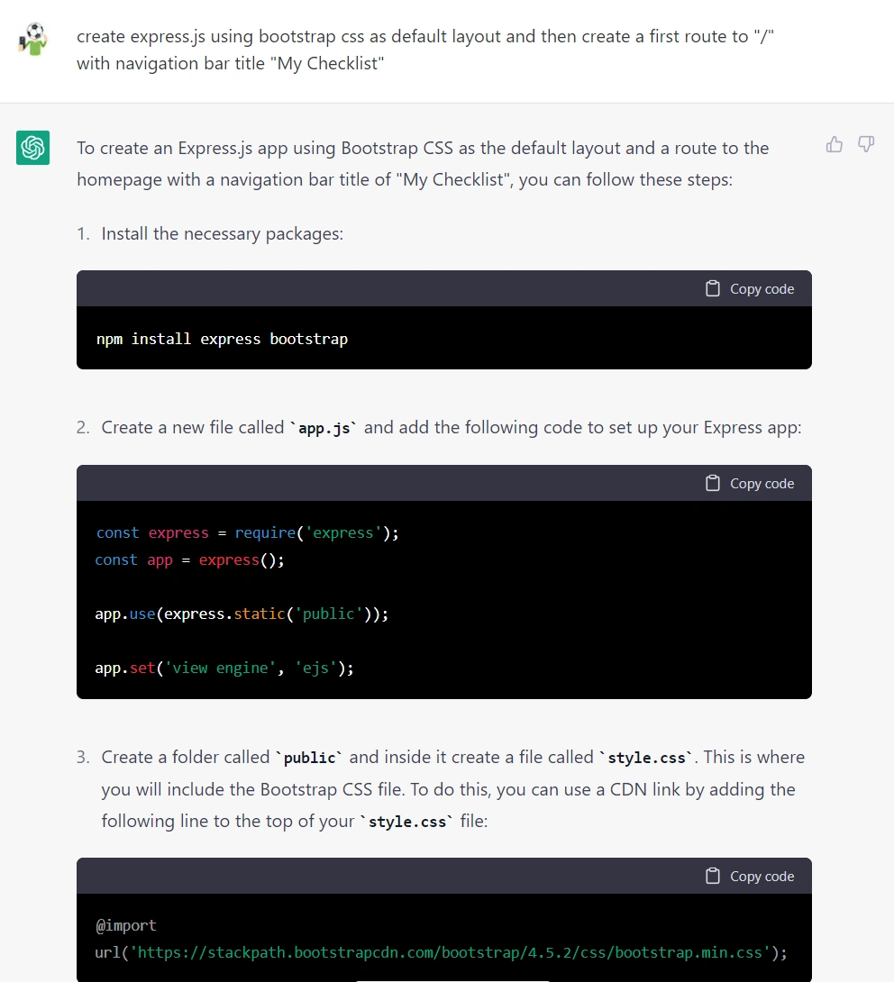 เริ่มต้นลองสั่งให้สร้าง Express.js พร้อมกับการใช้ Bootstrap และบอกไว้ว่าจะมี Layout ที่มีคำว่า My Checklist อยู่ส่วนหัว ก็จะเห็นว่าช่วงต้นสามารถแนะนำได้อย่างถูกต้องในระดับหนึ่งสำหรับการเริ่ม Express.js
