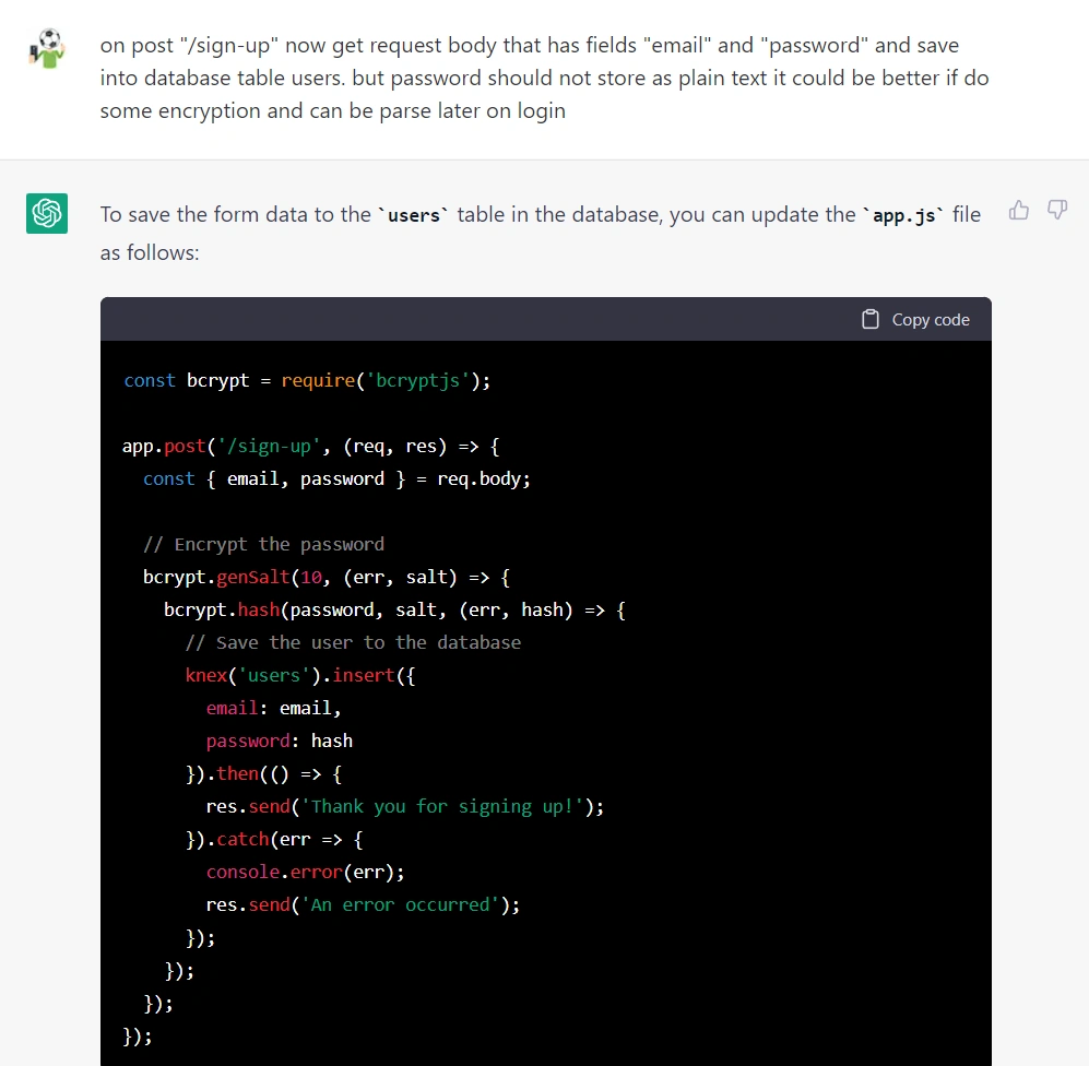 การสั่งให้บอททำหน้า <code>POST: /sign-up</code> สำหรับรับข้อมูลเข้ามาบันทึกลงฐานข้อมูลที่เตรียมไว้แล้ว