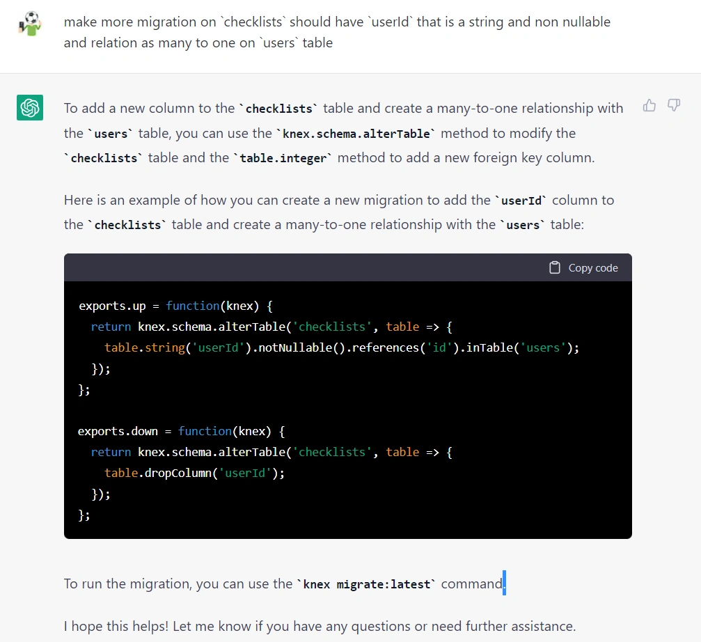 เนื่องจากการสั่งครั้งที่แล้วลืมทำการ Relationship ระหว่าง <code>checklists</code> และ <code>users</code> เข้าด้วยกัน จึงได้ขอให้ Migration เพิ่มอีกครั้งนึง