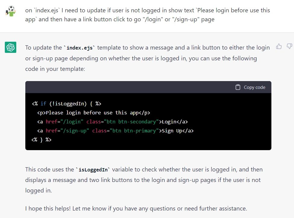 การสั่งให้ไฟล์ <code>index.ejs</code> ที่เป็นการแสดงผลหน้าแรก มีการแสดงผลอีกแบบกรณีที่ไม่ได้เข้าสู่ระบบ ให้แสดงปุ่มเข้าสู่ระบบสมัครสมาชิกไว้ด้วย