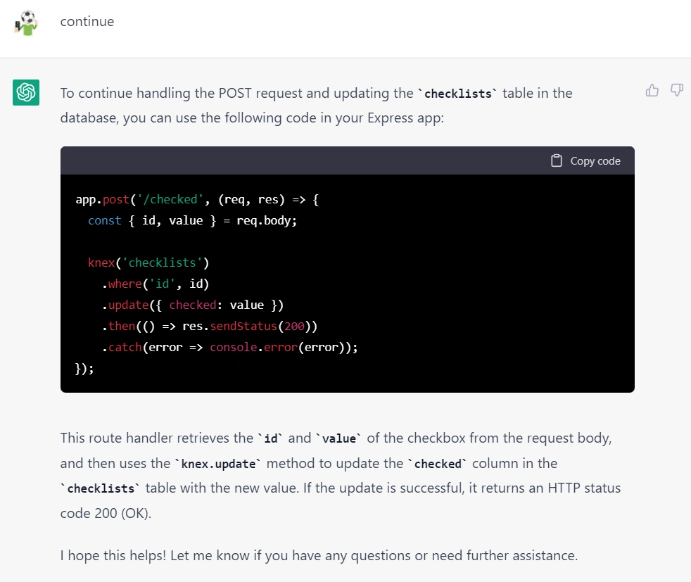 ในส่วนตรงนี้จะเป็นโค้ดที่ขาดไป เลยต้องบอกให้ <code>continue</code> ก็จะเป็นส่วนของการอัปเดตลงฐานข้อมูลเมื่อ Checkbox มีการเปลี่ยนแปลง