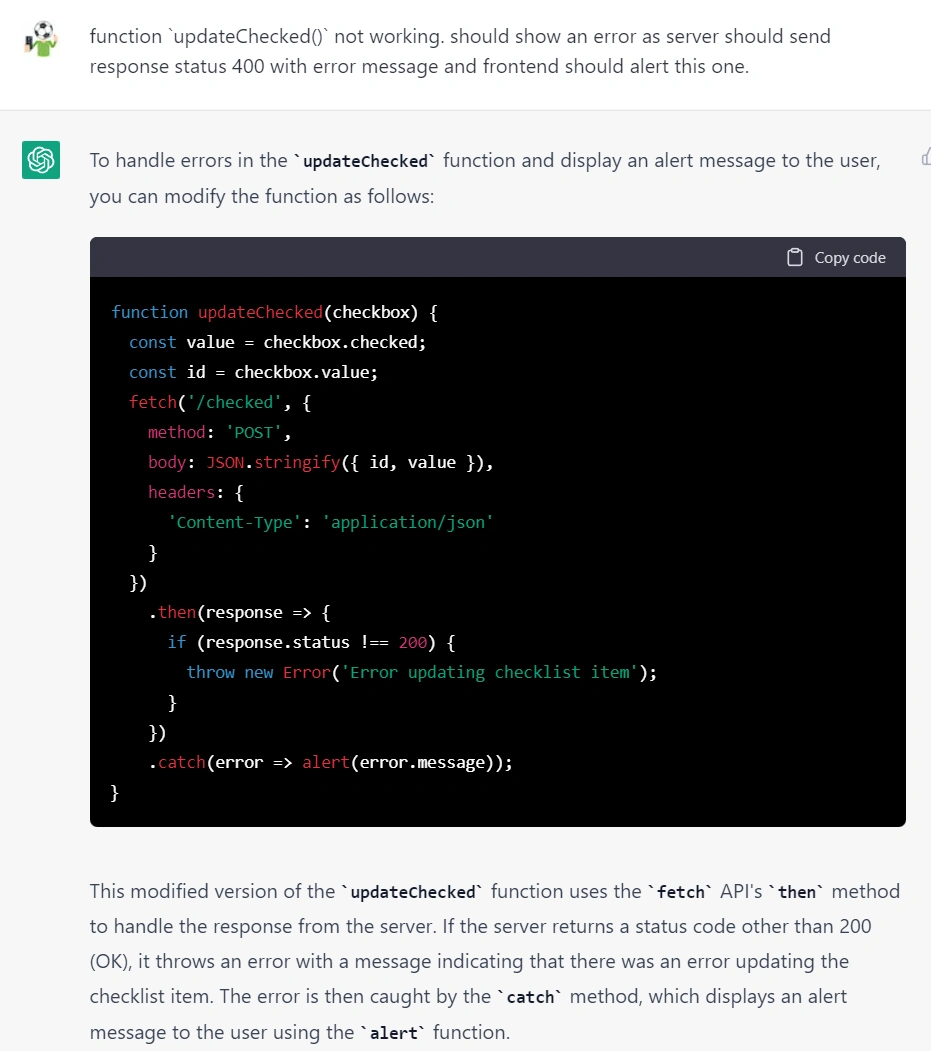 การขอให้บอทแก้ปัญหา <code>updateChecked()</code> ที่เหมือนจะไม่สามารถส่งข้อมูลได้ แล้วก็ดันไม่มีแจ้งเตือนใดๆว่าเกิดปัญหาอะไร จึงได้บอกว่าช่วย Alert ออกมาหน่อยว่าพบปัญหานะ บอทก็สามารถช่วยเติมได้อย่างถูกต้อง