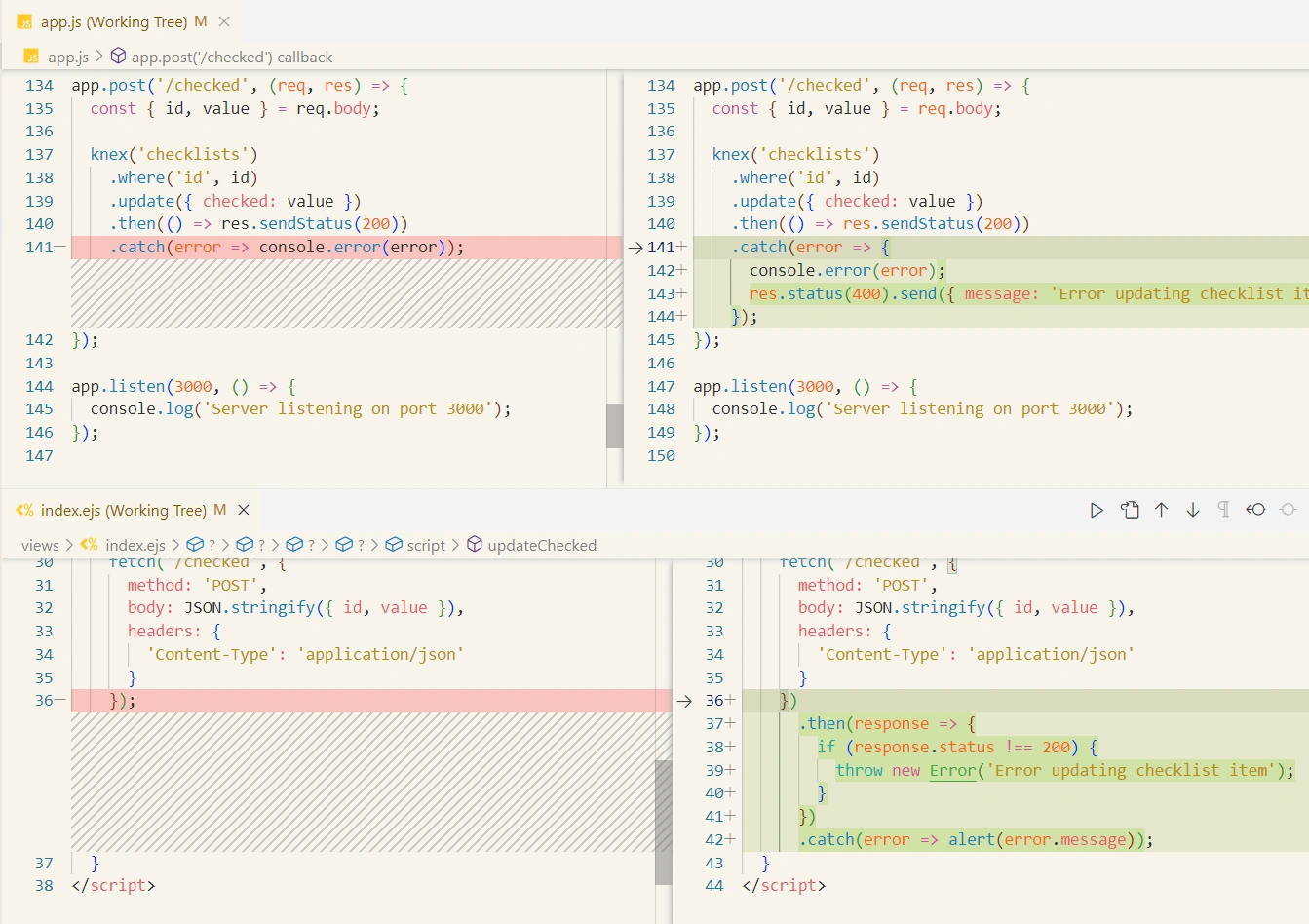 ภาพรวมการแก้ไขที่บอทได้บอกไว้ โดยมีการเพิ่ม <code>.catch</code> ตามแบบฉบับของ Promise เลย และมีใจดีเติมอะไรแปลกๆมาให้ด้วย