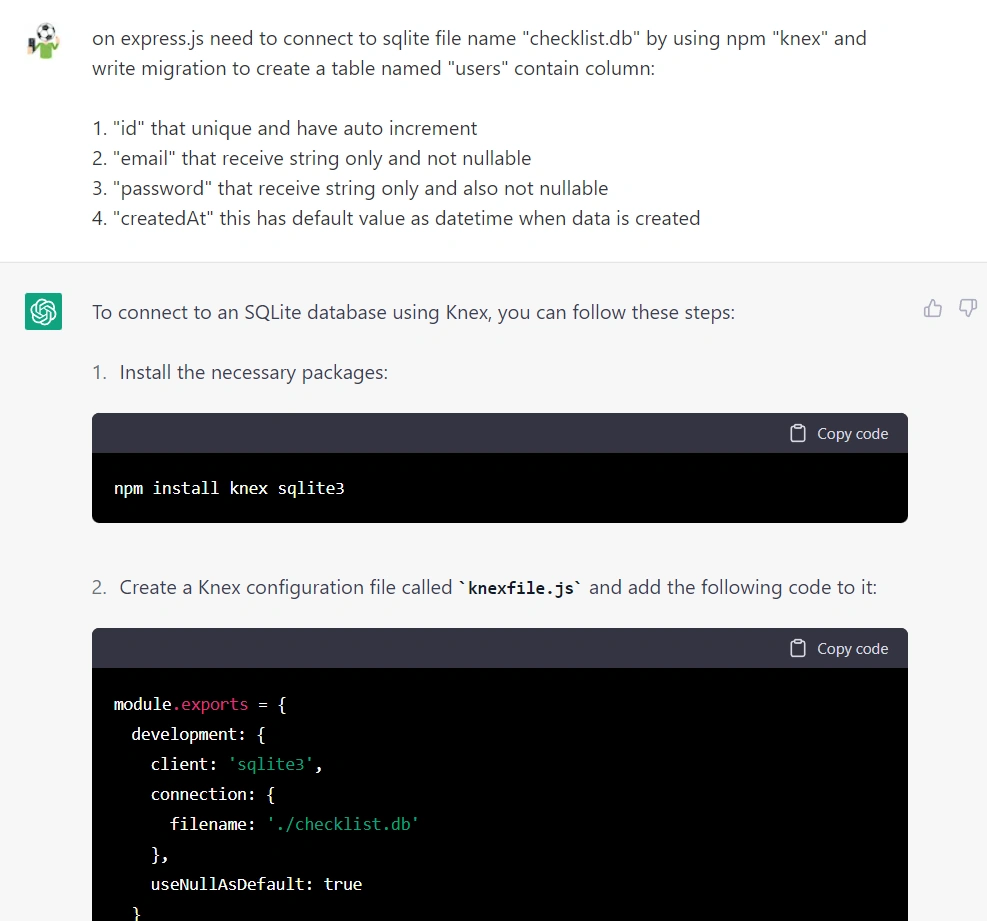 การสั่งให้บอทเตรียมฐานข้อมูล <code>checklist.db</code> ด้วยการใช้ <code>knex</code> จากนั้นเตรียมการ Migration เพื่อเพิ่มตารางที่ชื่อ <code>users</code> โดยจะต้องมีเงื่อนไขสี่อย่างตามที่ระบุด้วย คือมี id, email, password และ createdAt และคุณลักษณะพิเศษ อย่างไอดีต้องเพิ่มเลขไปเองและต้องไม่มีใครเหมือนกัน ขณะที่วันที่สร้างข้อมูลต้องมีข้อมูลเริ่มต้นเป็นเวลาปัจจุบันที่ถูกสร้างข้อมูลแถวนี้