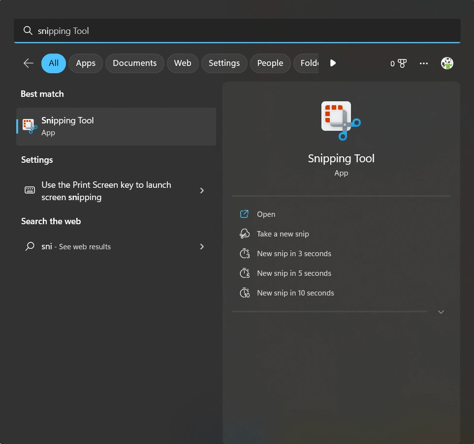 ตัวอย่างการค้นหาโปรแกรม Snipping Tool