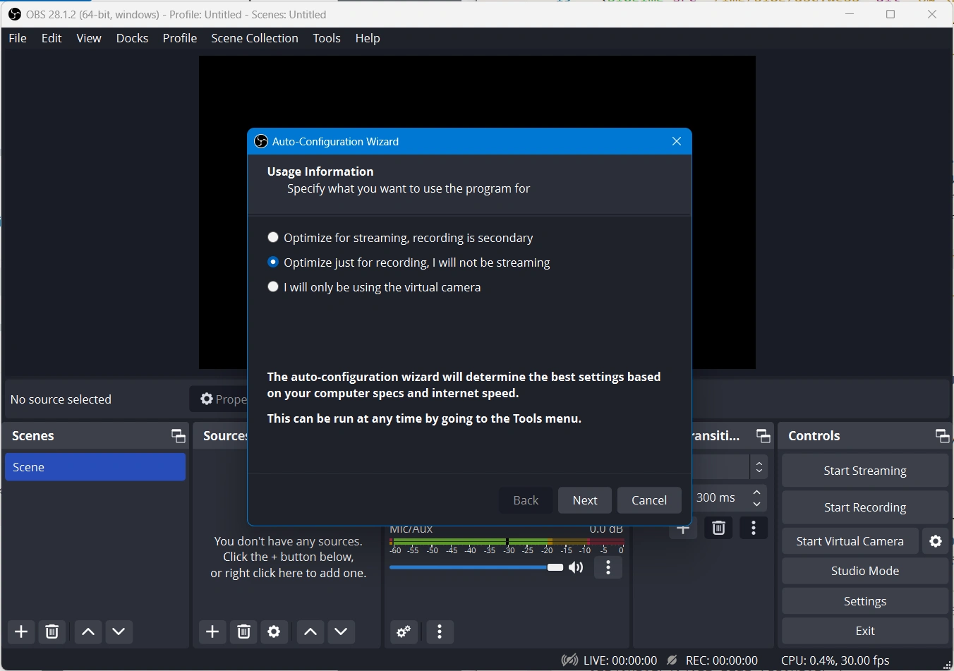 ตัวอย่างโปรแกรม OBS Studio ที่เมื่อเปิดมาจะพบกับหน้าต่าง Wizard ช่วยตั้งค่าการใช้งานพื้นฐานอย่างรวดเร็ว
