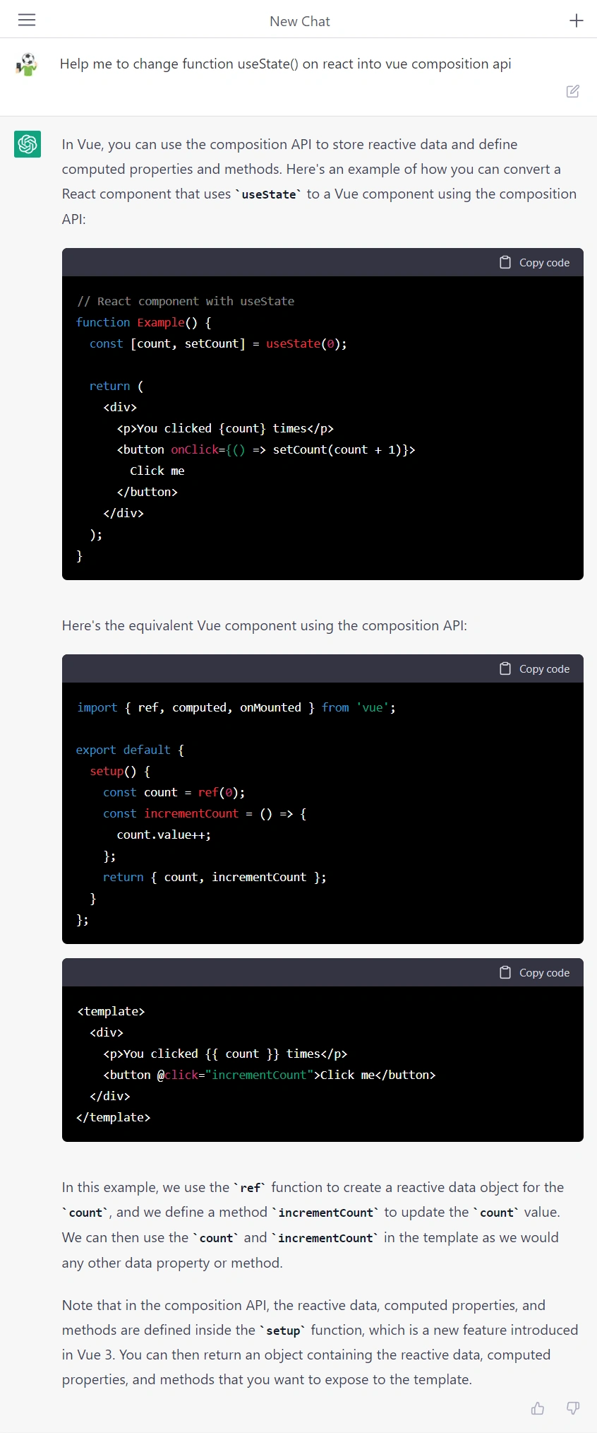 ตัวอย่างการใช้ ChatGPT ที่เราอาจจะเคยใช้ React และคุ้นเคยกับ useState() แต่อยากจะเปลี่ยนไปใช้ Vue Composition API แล้วไม่รู้ว่าจะเขียนต่างกันอย่างไร